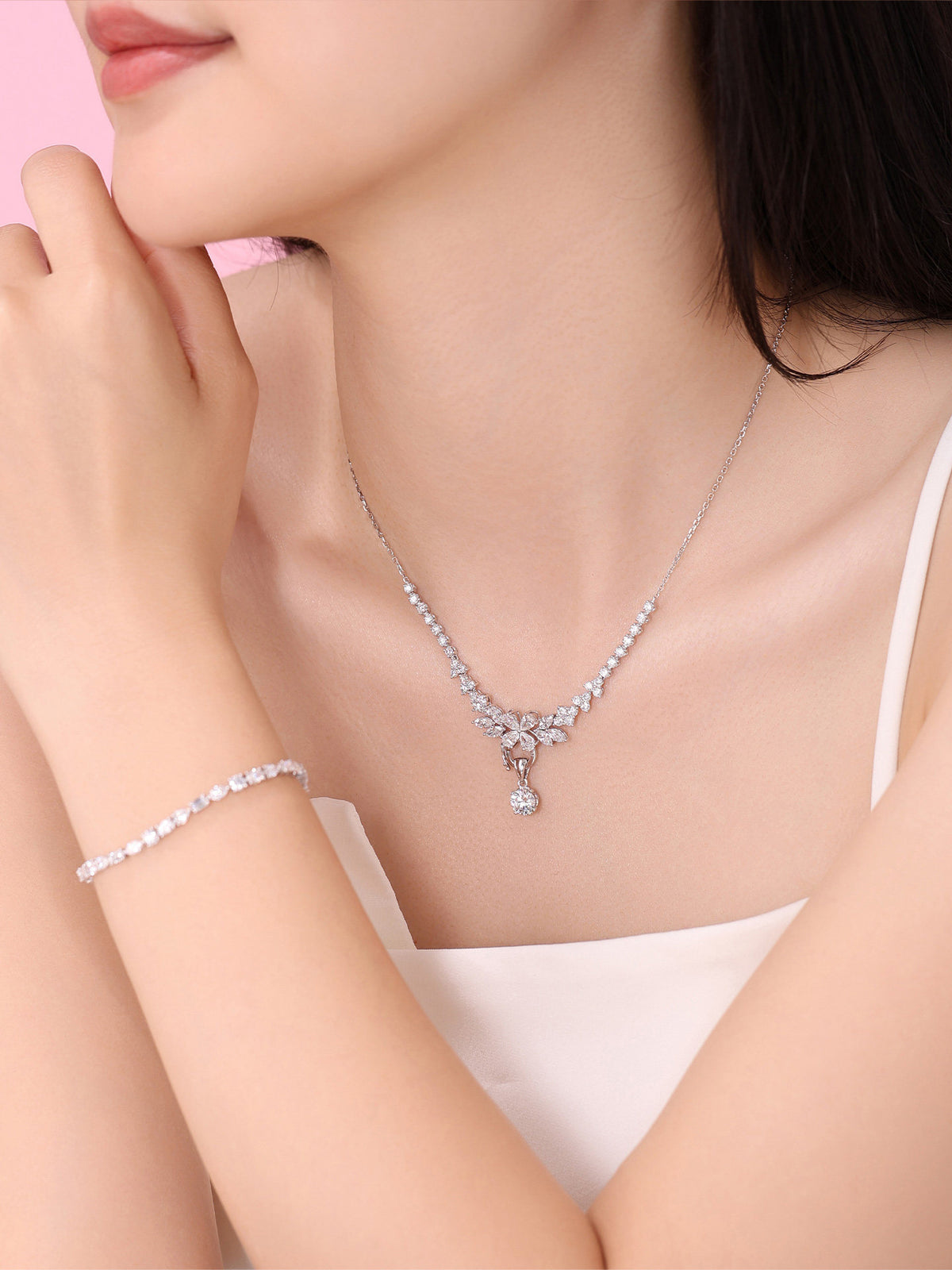 Model wearing DANFÉE Blossom Cluster lab-grown diamond necklace and tennis bracelet