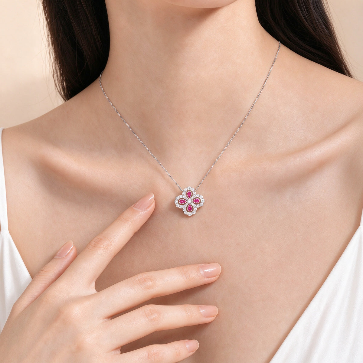 Clover Halo Lab-Grown Diamond & Pink Sapphire Necklace in PT950 Platinum | 1.9 Carat | D-E | VS
