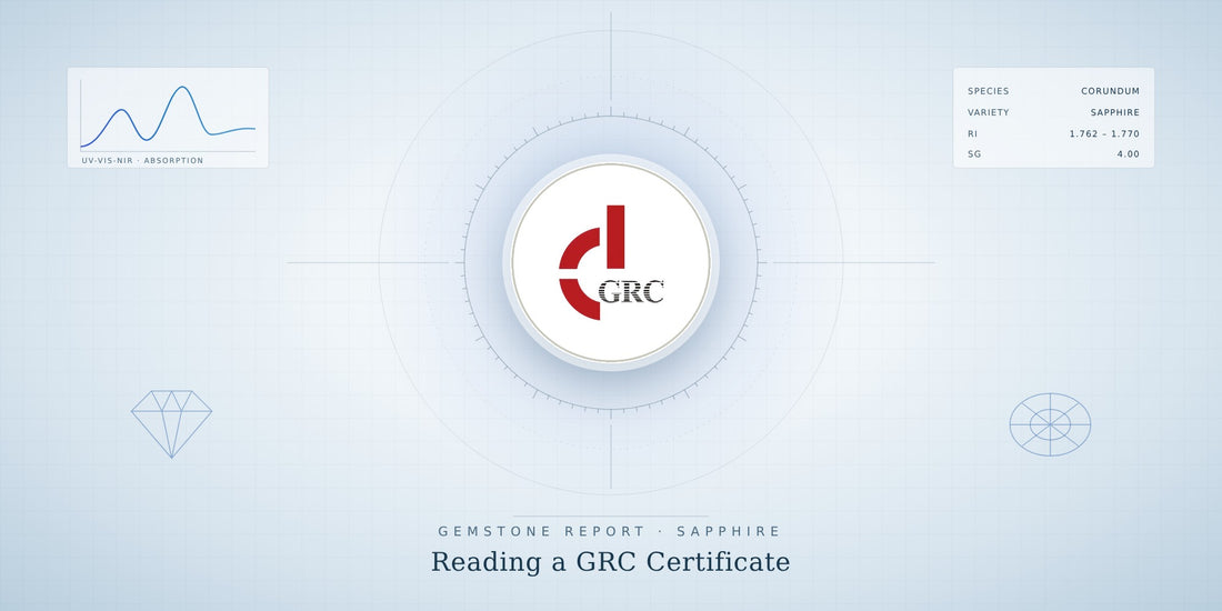 GRC Gem Research Center logo at the center of a laboratory-style sapphire report graphic