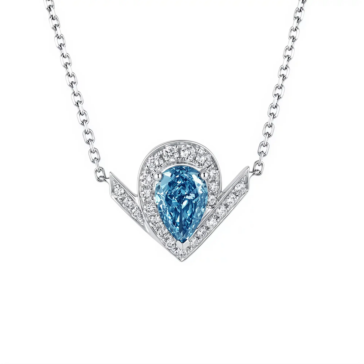 DANFÉE Chevron Pear Halo lab-grown blue diamond necklace in PT950 platinum, front view