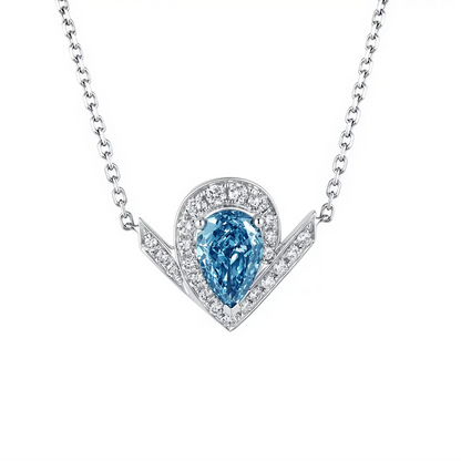 DANFÉE Chevron Pear Halo lab-grown blue diamond necklace in PT950 platinum, front view