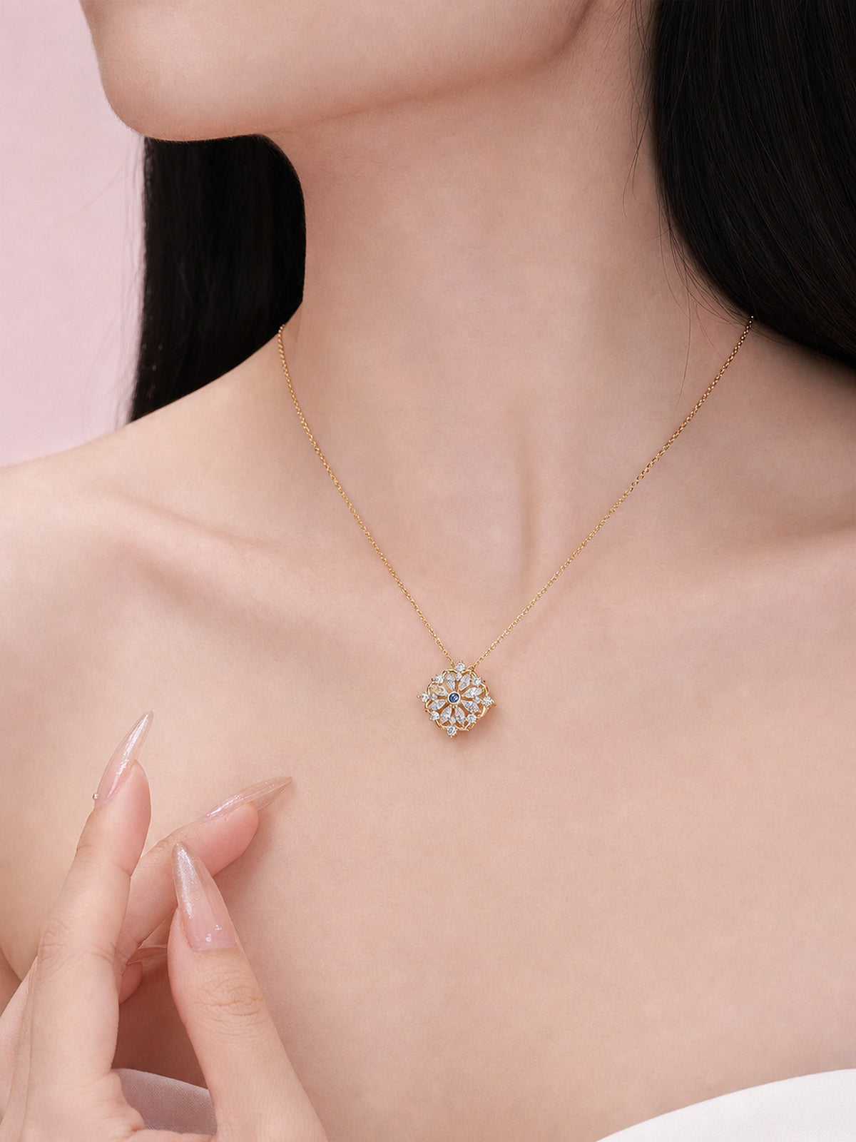 Model wearing DANFÉE Iris lab-grown diamond necklace in 18K yellow gold