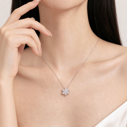 DANFÉE Forget-Me-Not 1.8 carat lab-grown diamond necklace on model, off-shoulder look