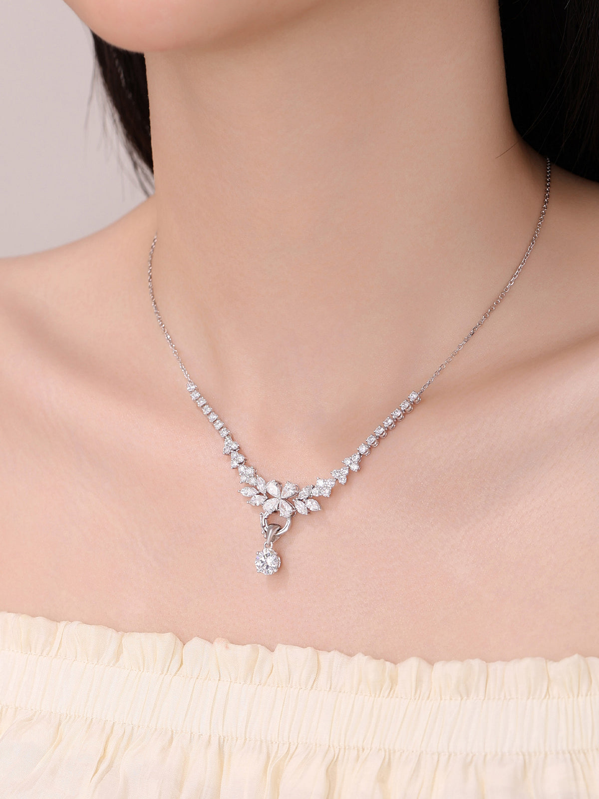 DANFÉE Blossom Cluster lab-grown diamond necklace with pendant, worn close-up