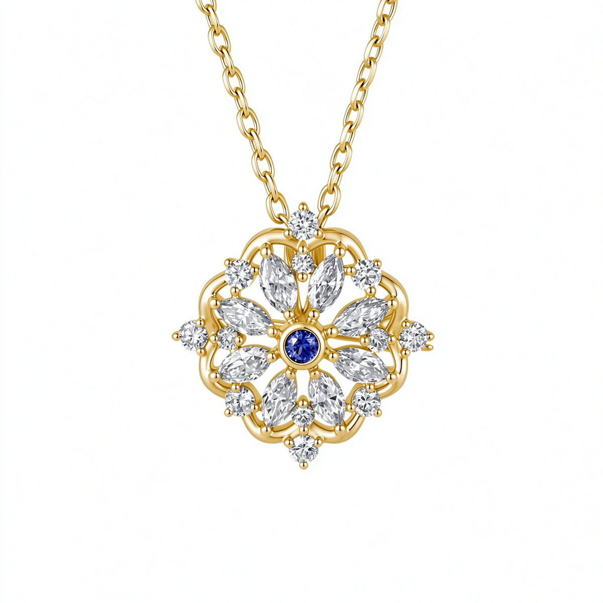 DANFÉE Iris sapphire lab-grown diamond pendant brooch necklace in 18K yellow gold, front view