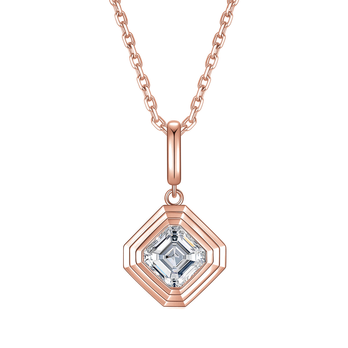 DANFÉE Deco Asscher cut lab-grown diamond bezel pendant necklace in 18K rose gold, front view