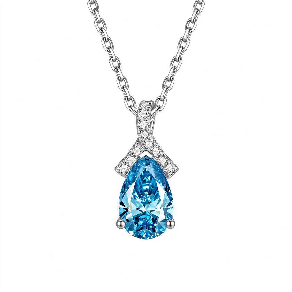 DANFÉE Ribbon Bow Pear lab-grown blue diamond necklace in PT950 platinum, front view