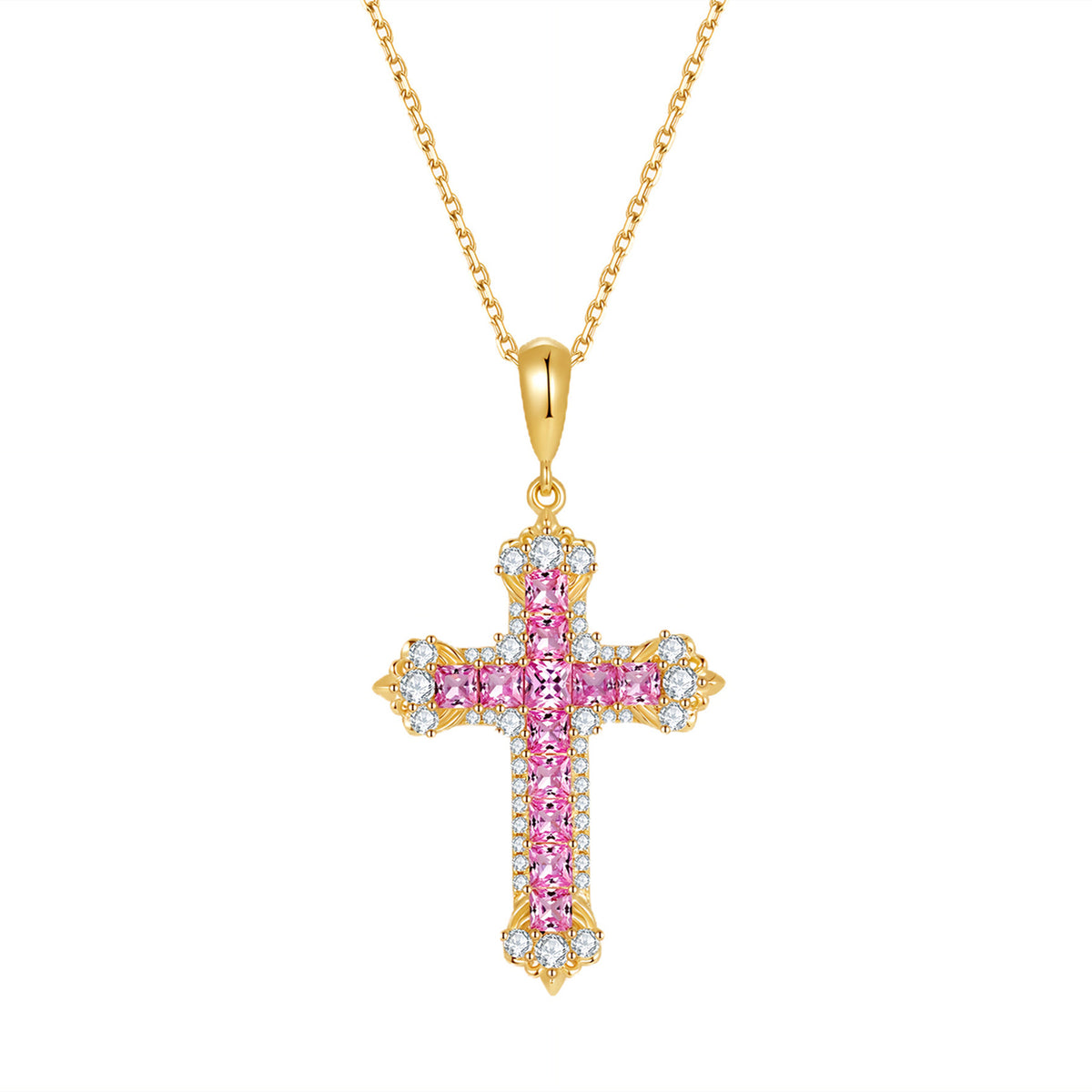 Fleur Cross Lab-Grown Diamond & Pink Sapphire Necklace in 18K Gold | D-E | VS