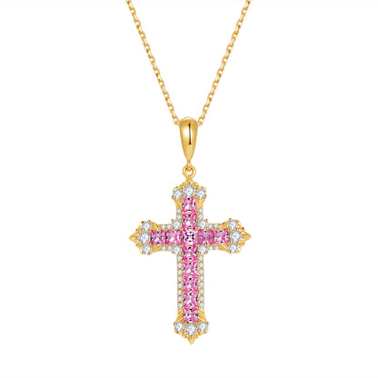 Fleur Cross Lab-Grown Diamond & Pink Sapphire Necklace in 18K Gold | D-E | VS