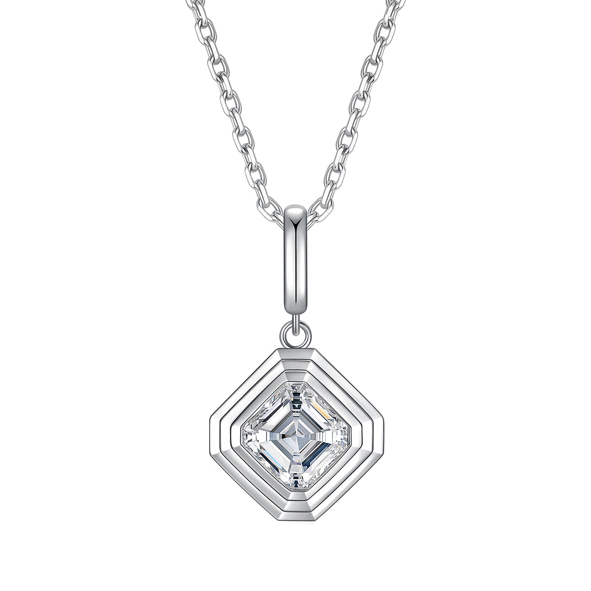 DANFÉE Deco Asscher cut lab-grown diamond bezel pendant necklace in 18K white gold, front view