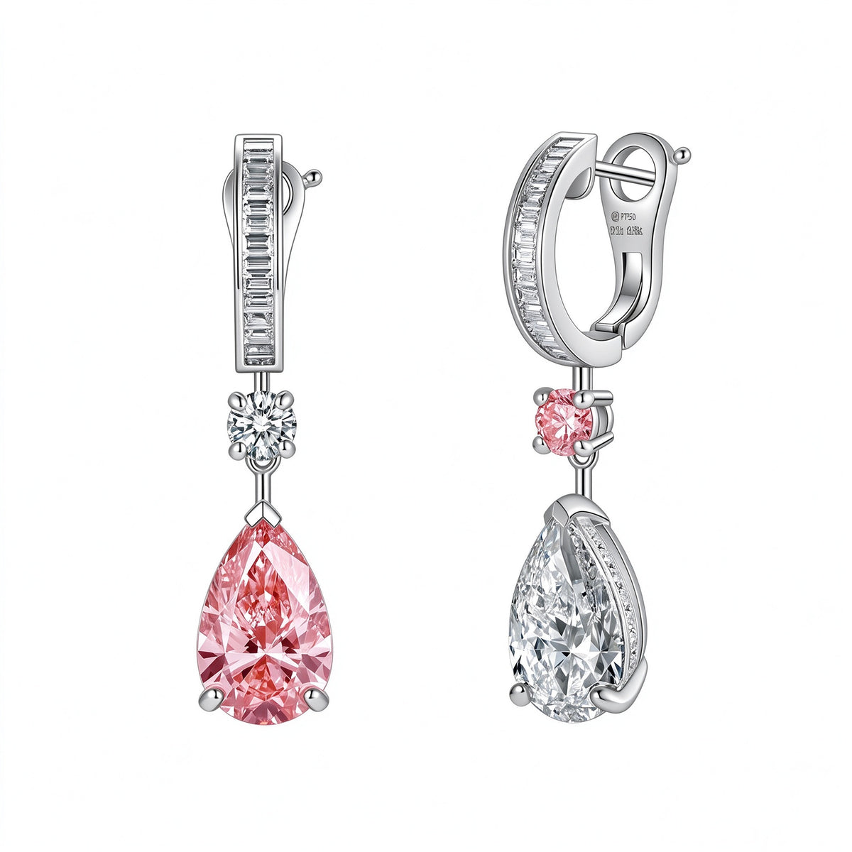 Rosée pink and white pear lab-grown diamond drop earrings in 18K white gold on white background