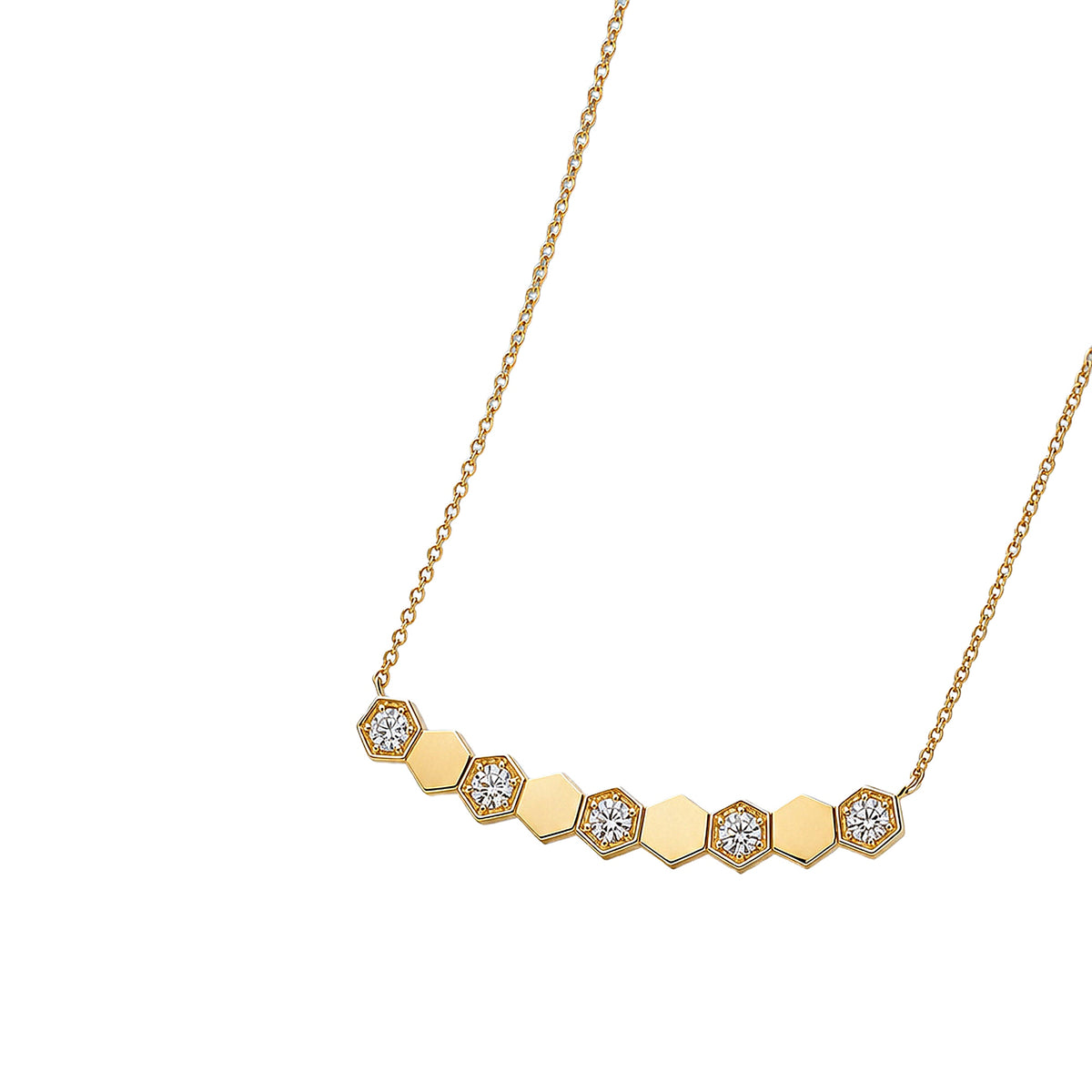 DANFÉE Hive hexagon diamond bar necklace in 18K yellow gold, angled view