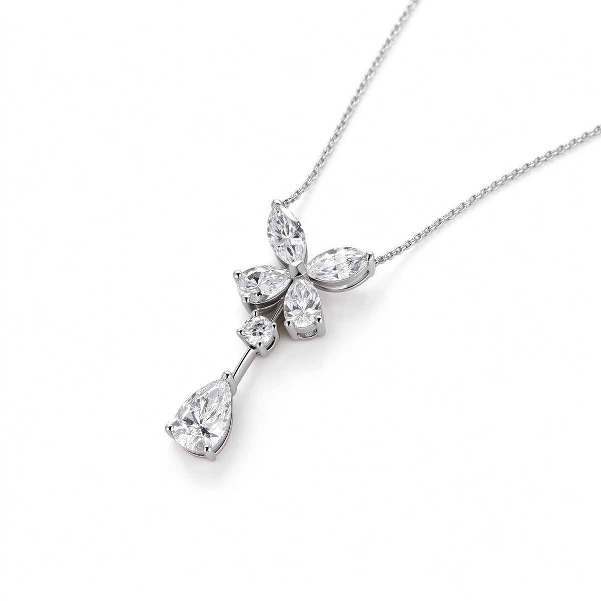 DANFÉE butterfly pear drop lab-grown diamond necklace in PT950 platinum, angled view