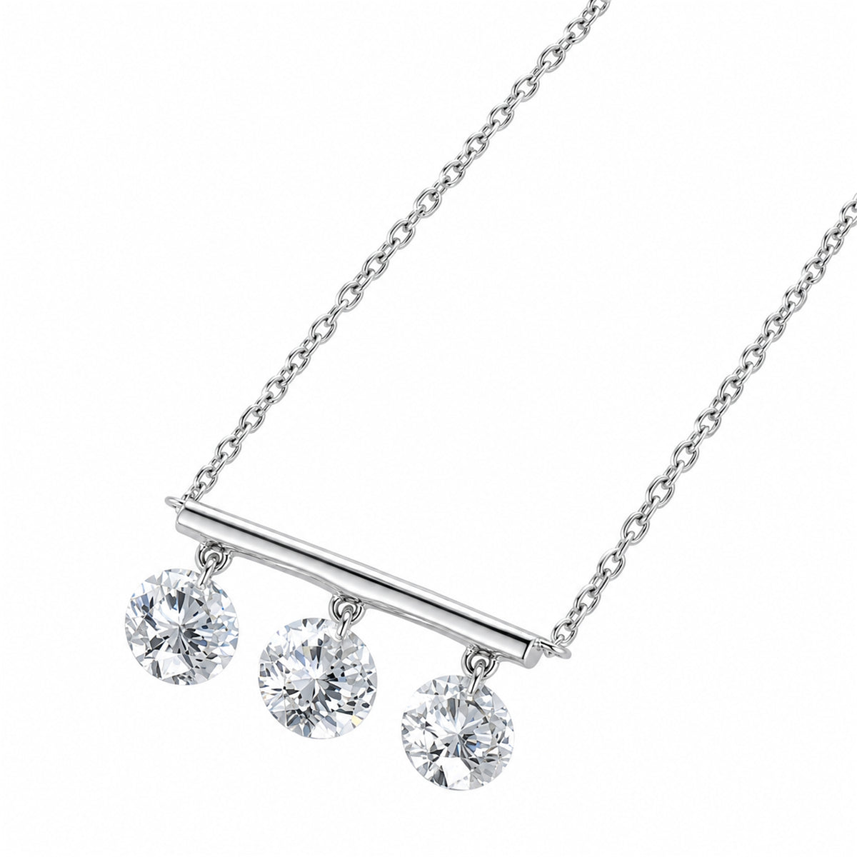DANFÉE Silver-white metal three-stone diamond bar necklace, angled product detail on white