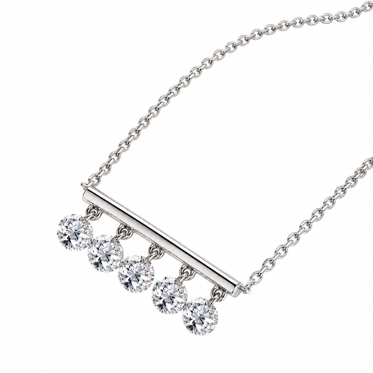 DANFÉE Silver-white five-diamond bar necklace on white, angled detail