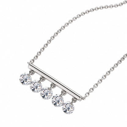 DANFÉE Silver-white five-diamond bar necklace on white, angled detail