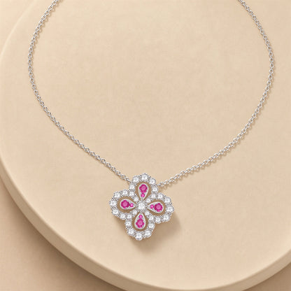 Clover Halo Lab-Grown Diamond & Pink Sapphire Necklace in PT950 Platinum | 1.9 Carat | D-E | VS