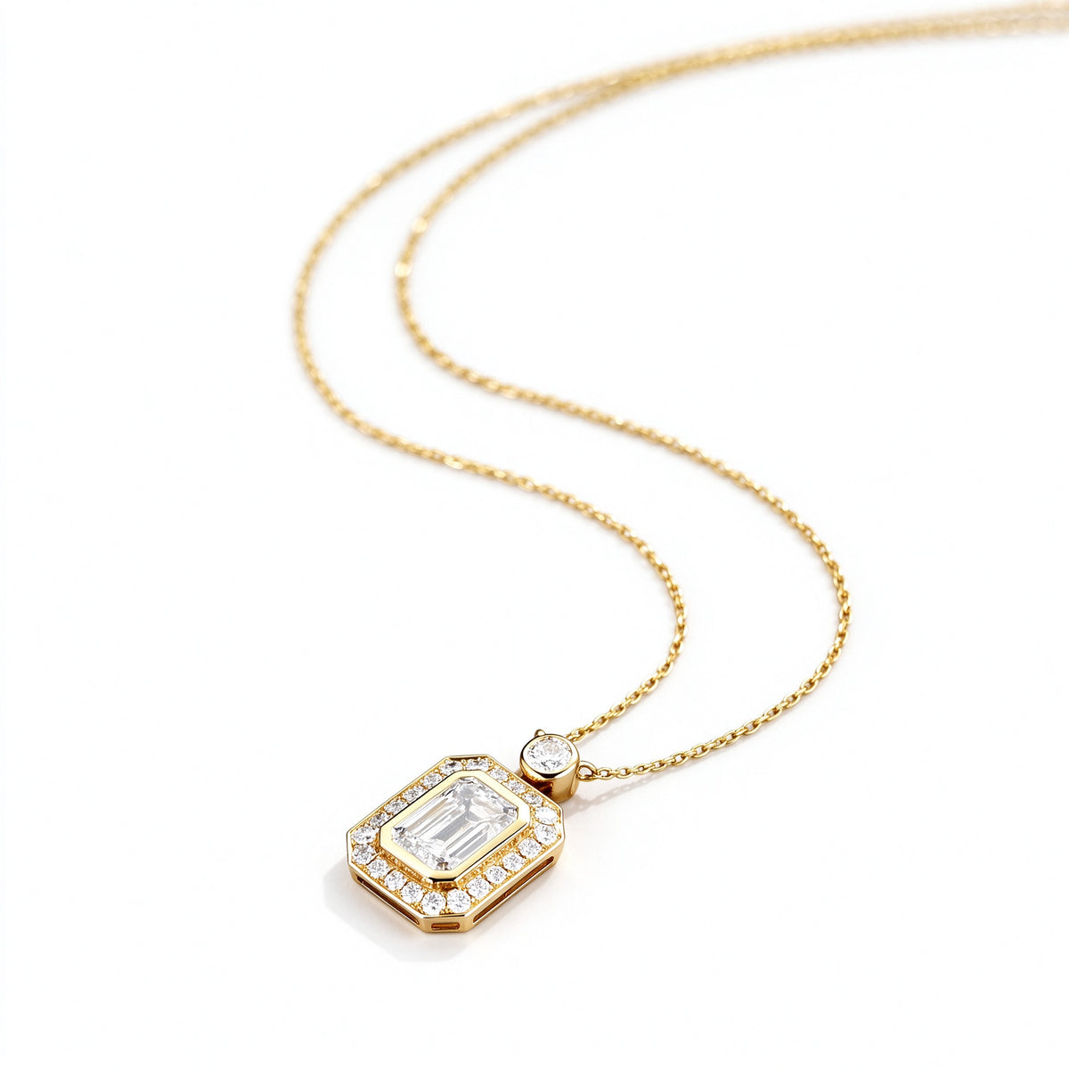 DANFÉE emerald cut bezel lab-grown diamond necklace in 18K yellow gold, side view