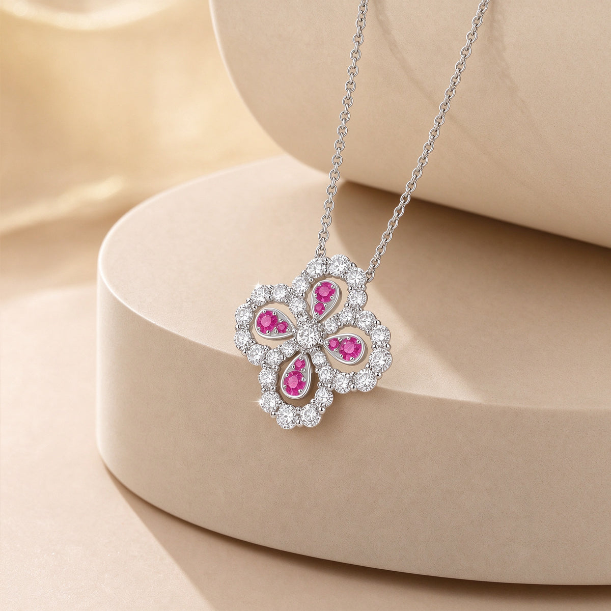 Clover Halo Lab-Grown Diamond & Pink Sapphire Necklace in PT950 Platinum | 1.9 Carat | D-E | VS