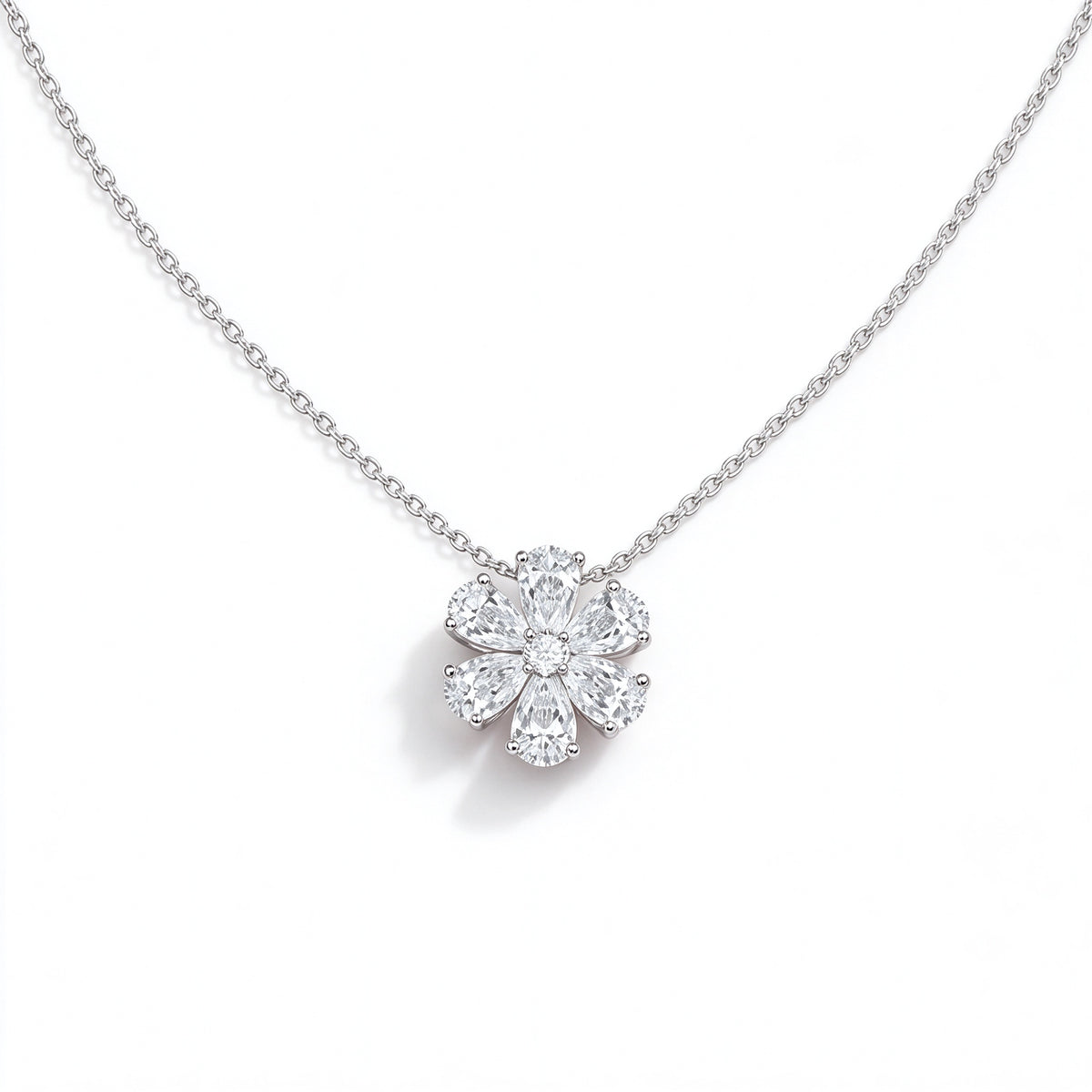 DANFÉE Forget-Me-Not 1.8 carat pear-cut lab-grown diamond flower necklace, close-up