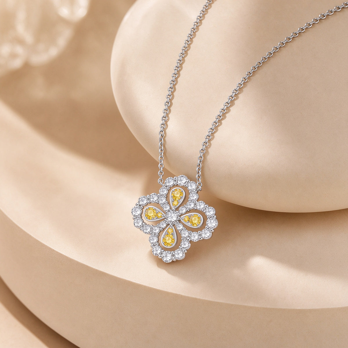 Fortune Clover Lab-Grown Diamond & Yellow Sapphire Necklace in PT950 Platinum | 1.9 Carat Total | D-E | VS
