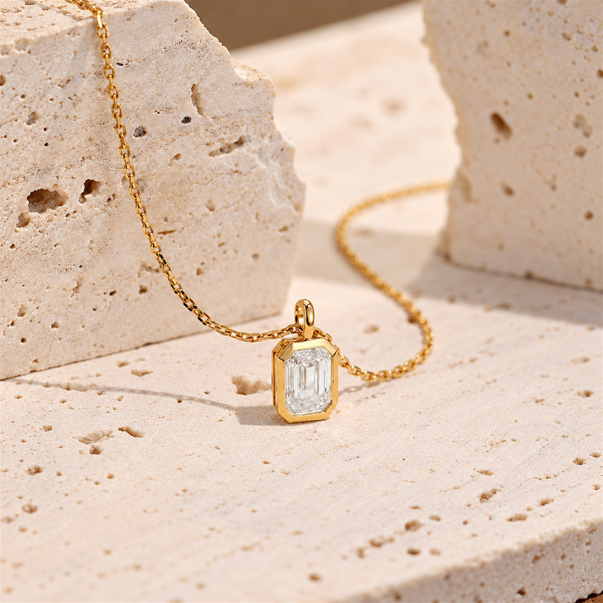 DANFÉE emerald-cut bezel lab-grown diamond necklace on natural stone