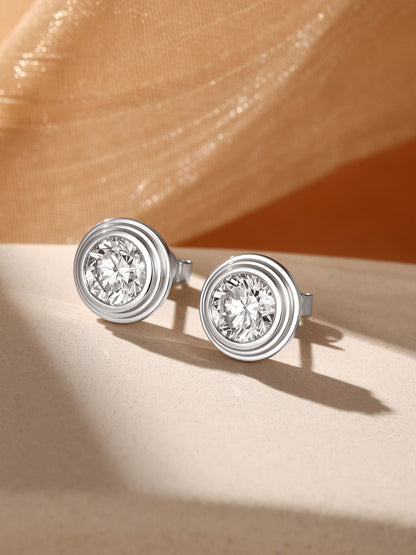 Orbite Tiered Bezel Round Lab-Grown Diamond Stud Earrings in 18K Gold | 1-2 Carat Total | D-E | VVS