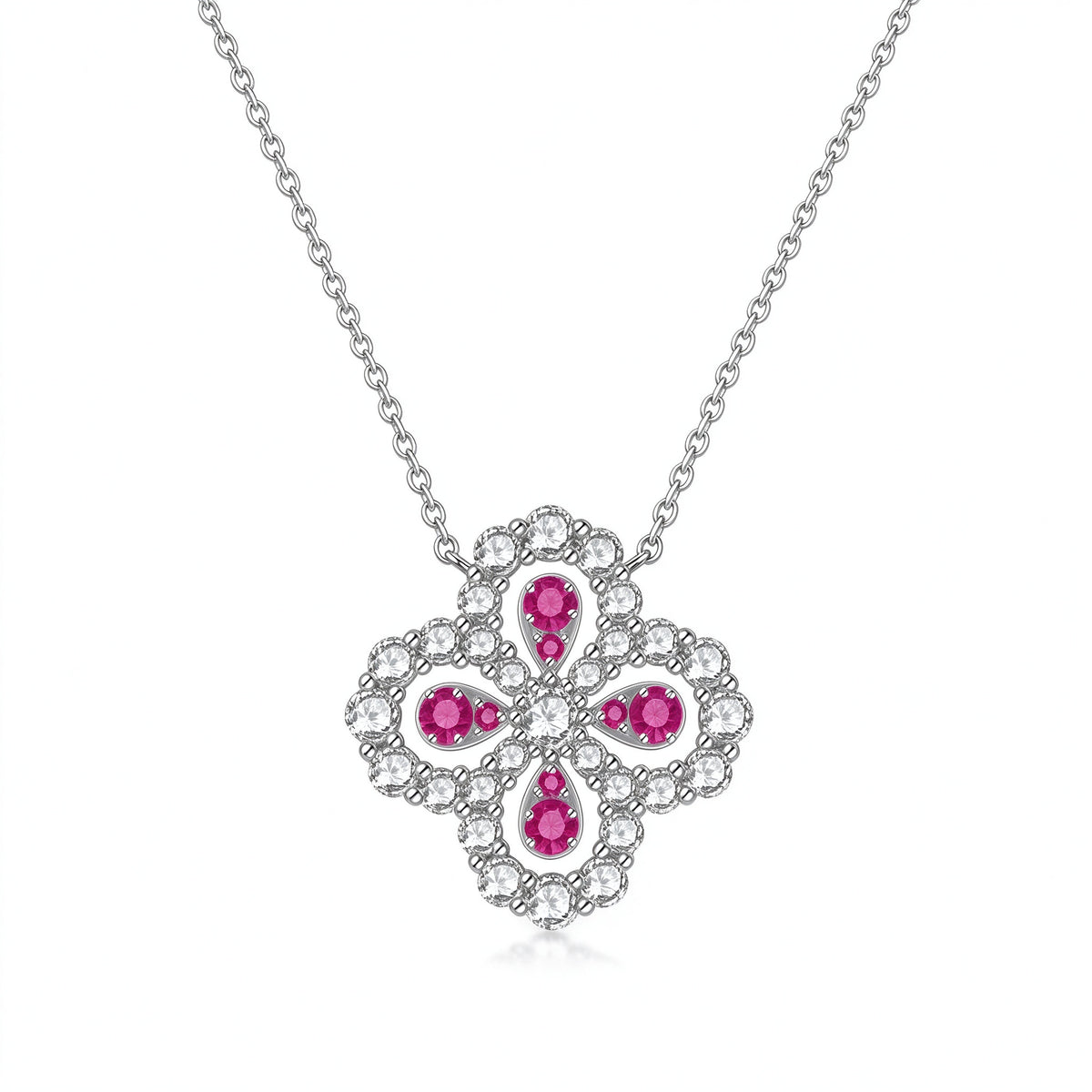 Clover Halo Lab-Grown Diamond & Pink Sapphire Necklace in PT950 Platinum | 1.9 Carat | D-E | VS