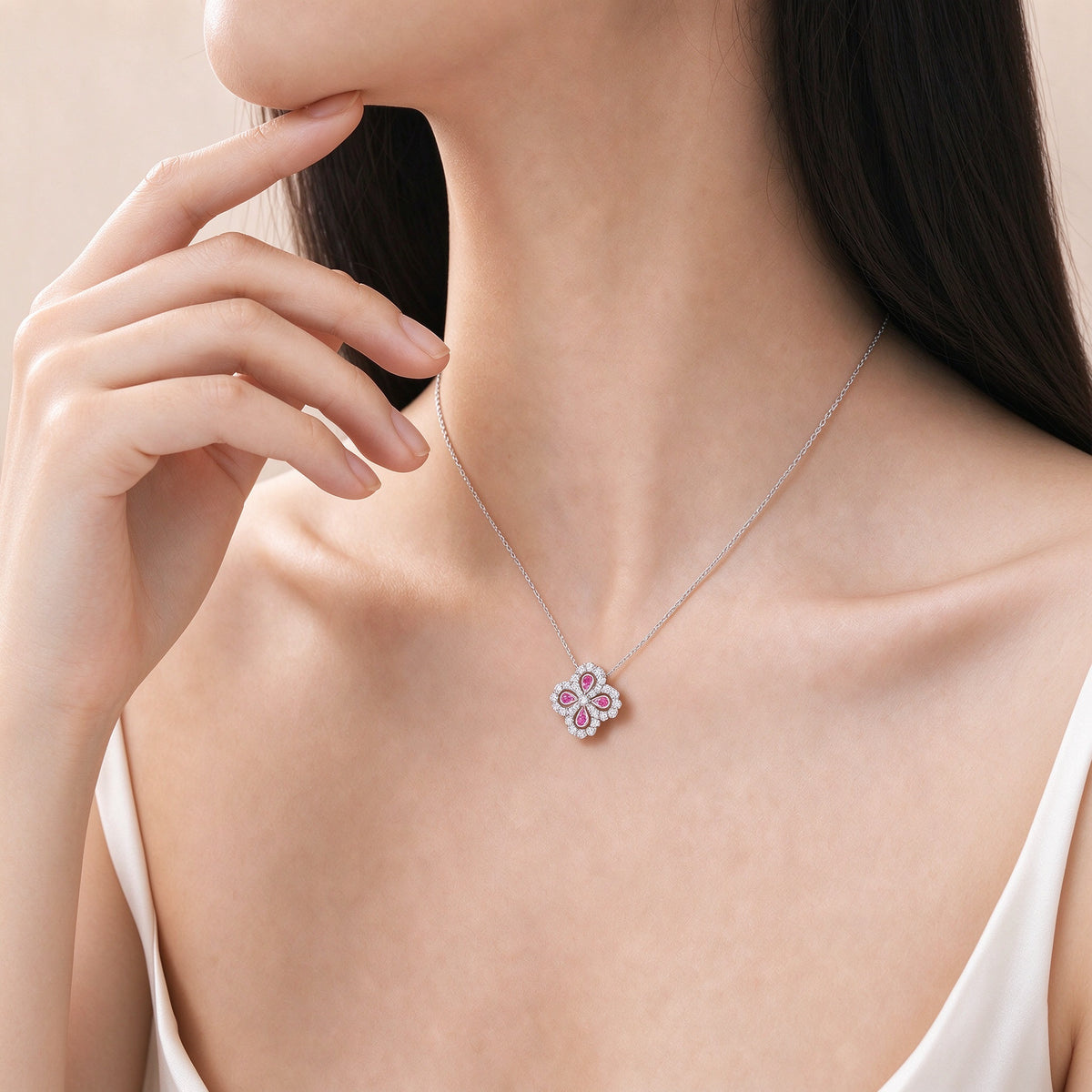 Clover Halo Lab-Grown Diamond & Pink Sapphire Necklace in PT950 Platinum | 1.9 Carat | D-E | VS