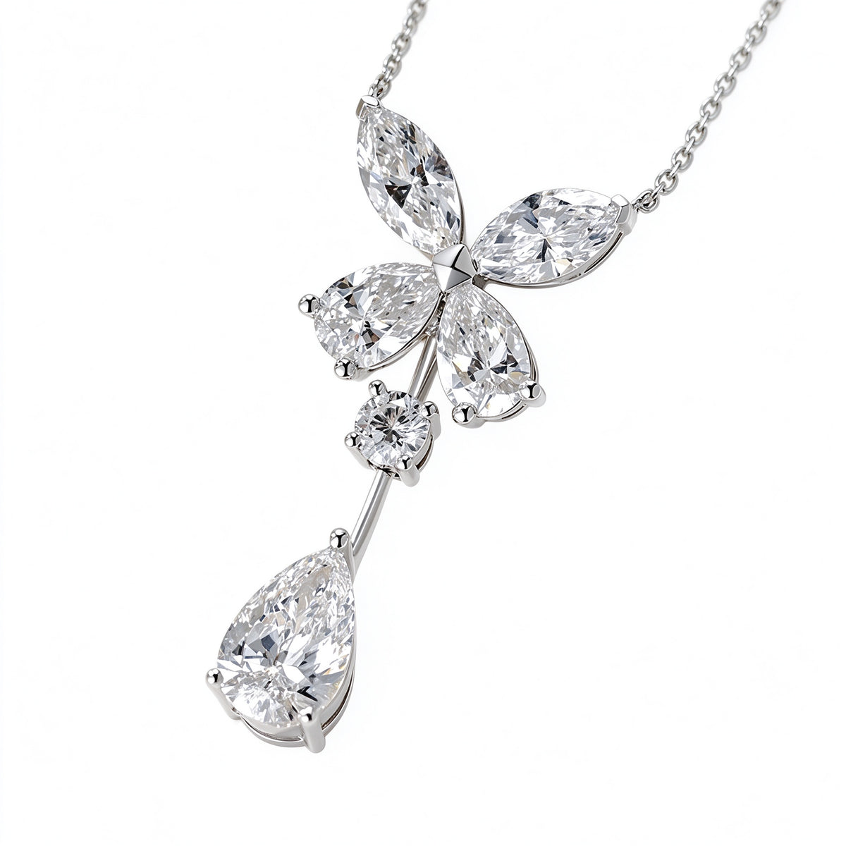 DANFÉE butterfly pear drop lab-grown diamond necklace in PT950 platinum, close-up