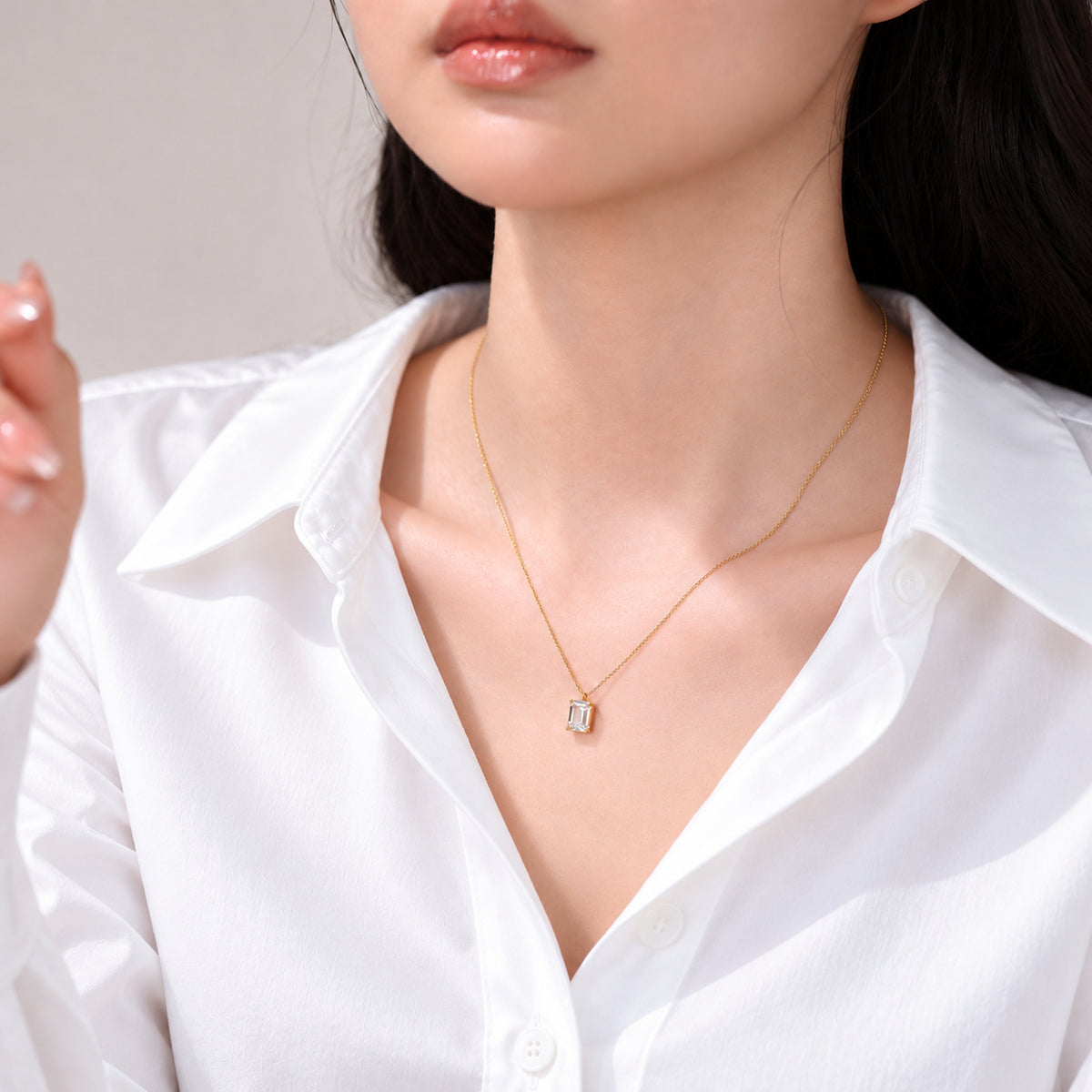 DANFÉE emerald-cut lab-grown diamond necklace styled with a white collared shirt