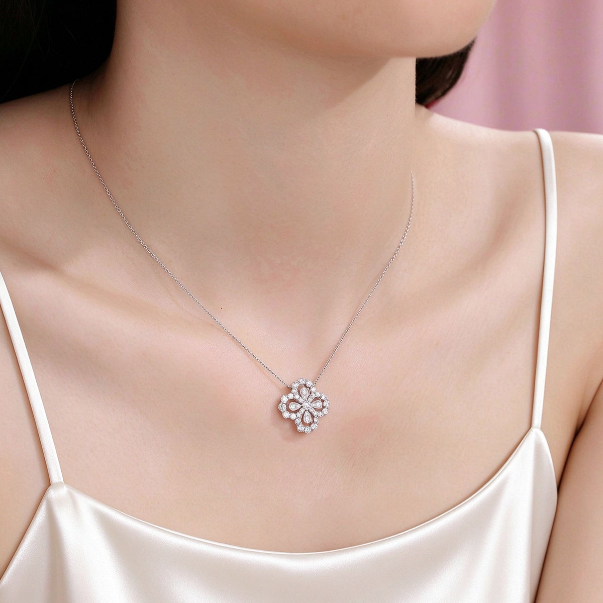 Clover halo lab-grown diamond necklace on model, 18 inch chain