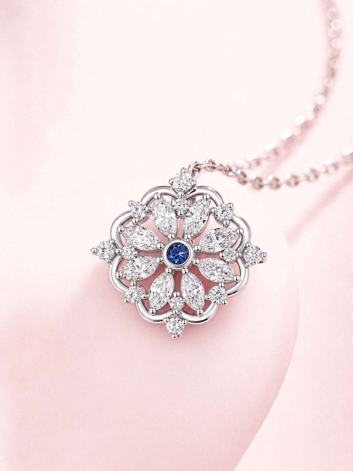 DANFÉE Iris marquise lab-grown diamond pendant with blue sapphire center, close-up