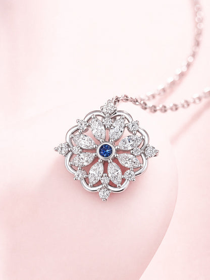 DANFÉE Iris marquise lab-grown diamond pendant with blue sapphire center, close-up