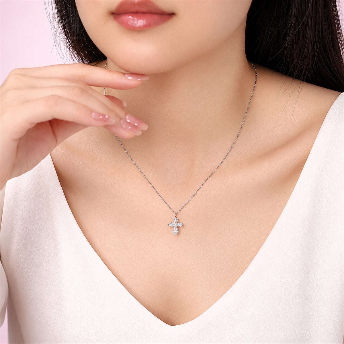 DANFÉE lab-grown diamond cross necklace in PT950 platinum — model wearing view 2