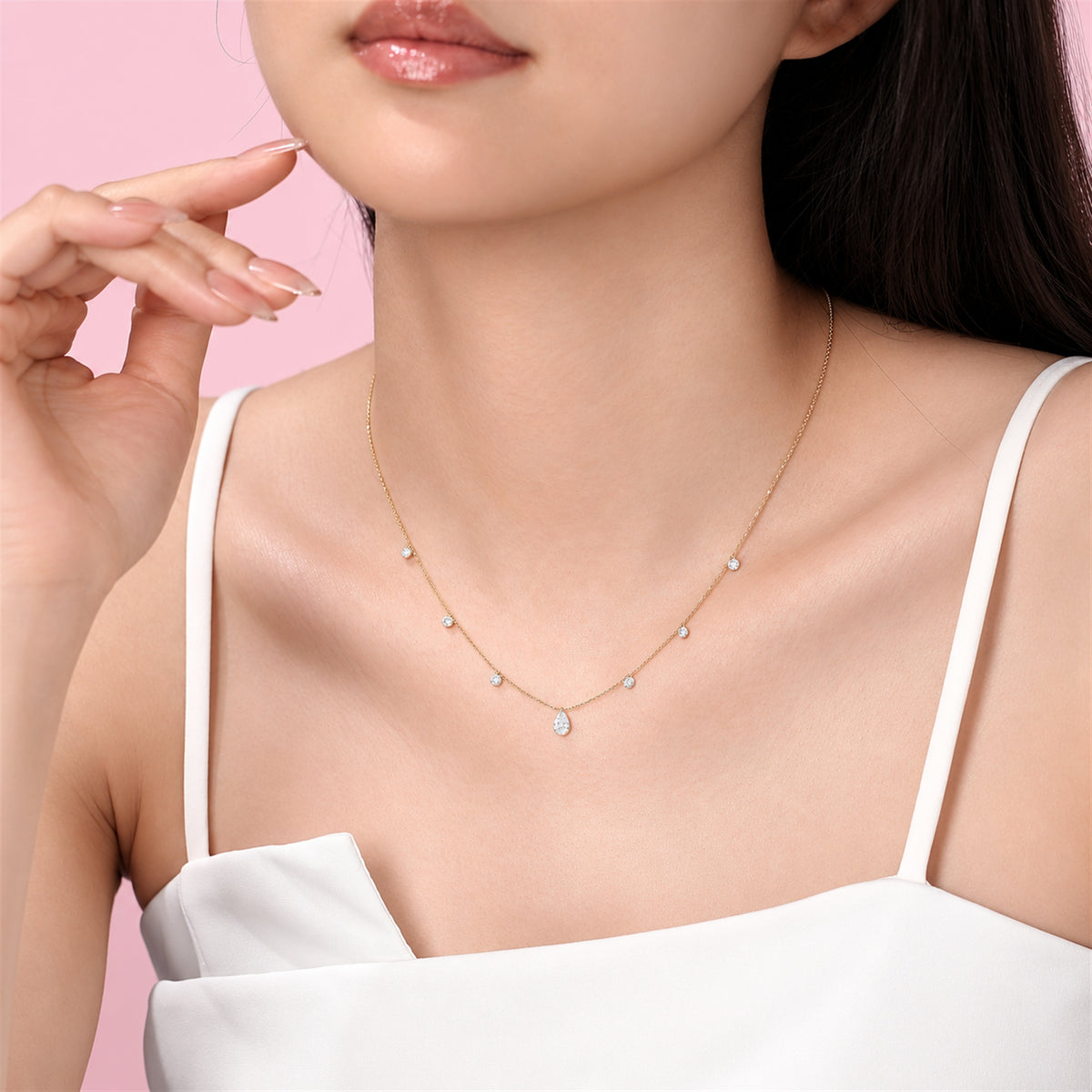 DANFÉE pear and round lab-grown diamond drop necklace yellow gold worn on model