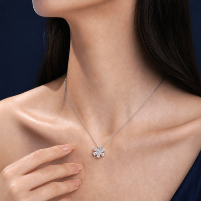 Model wearing the DANFÉE Forget-Me-Not lab-grown diamond flower necklace in PT950 platinum