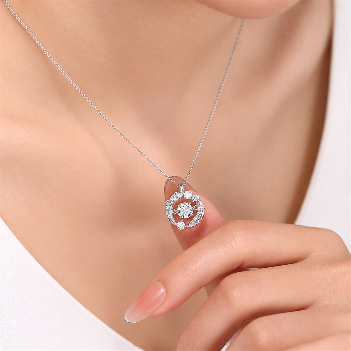 DANFÉE PT950 platinum wing-inspired diamond necklace — model wearing view