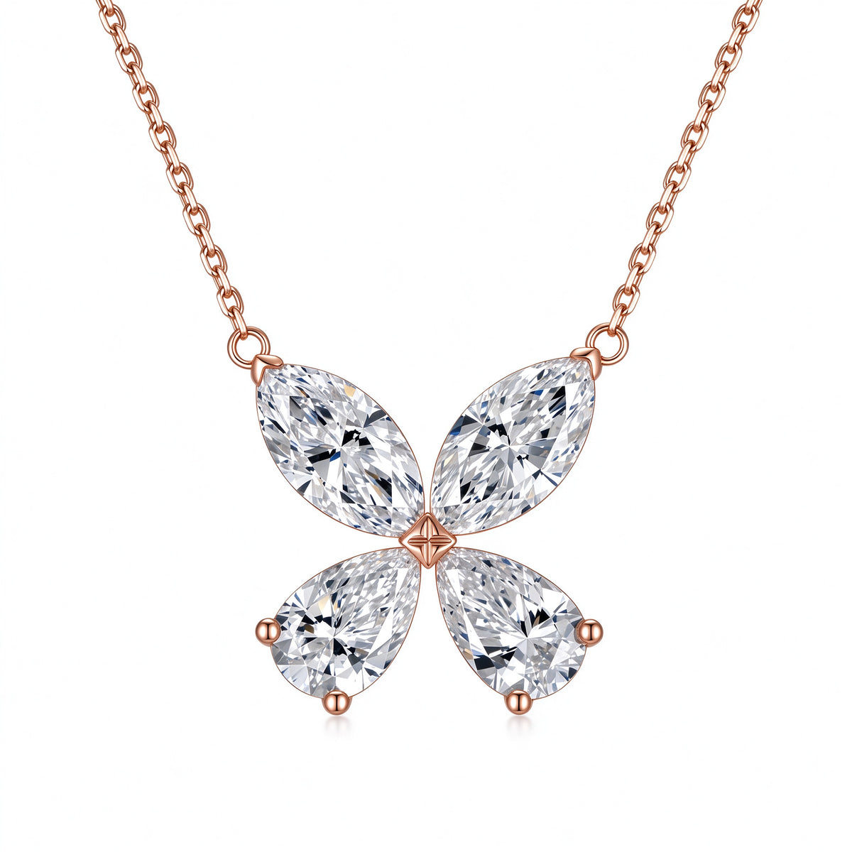 DANFÉE Four-Leaf Clover lab-grown diamond necklace in 18K rose gold, white background