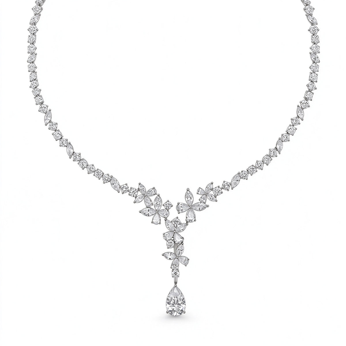 Blossom Cascade pear drop lab-grown diamond necklace in PT950 platinum, 5 carat D-E VS, on white