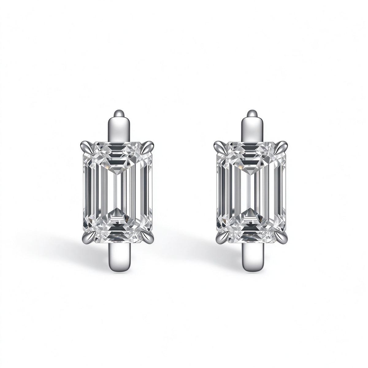Carré emerald-cut lab-grown diamond huggie earrings, front view on white