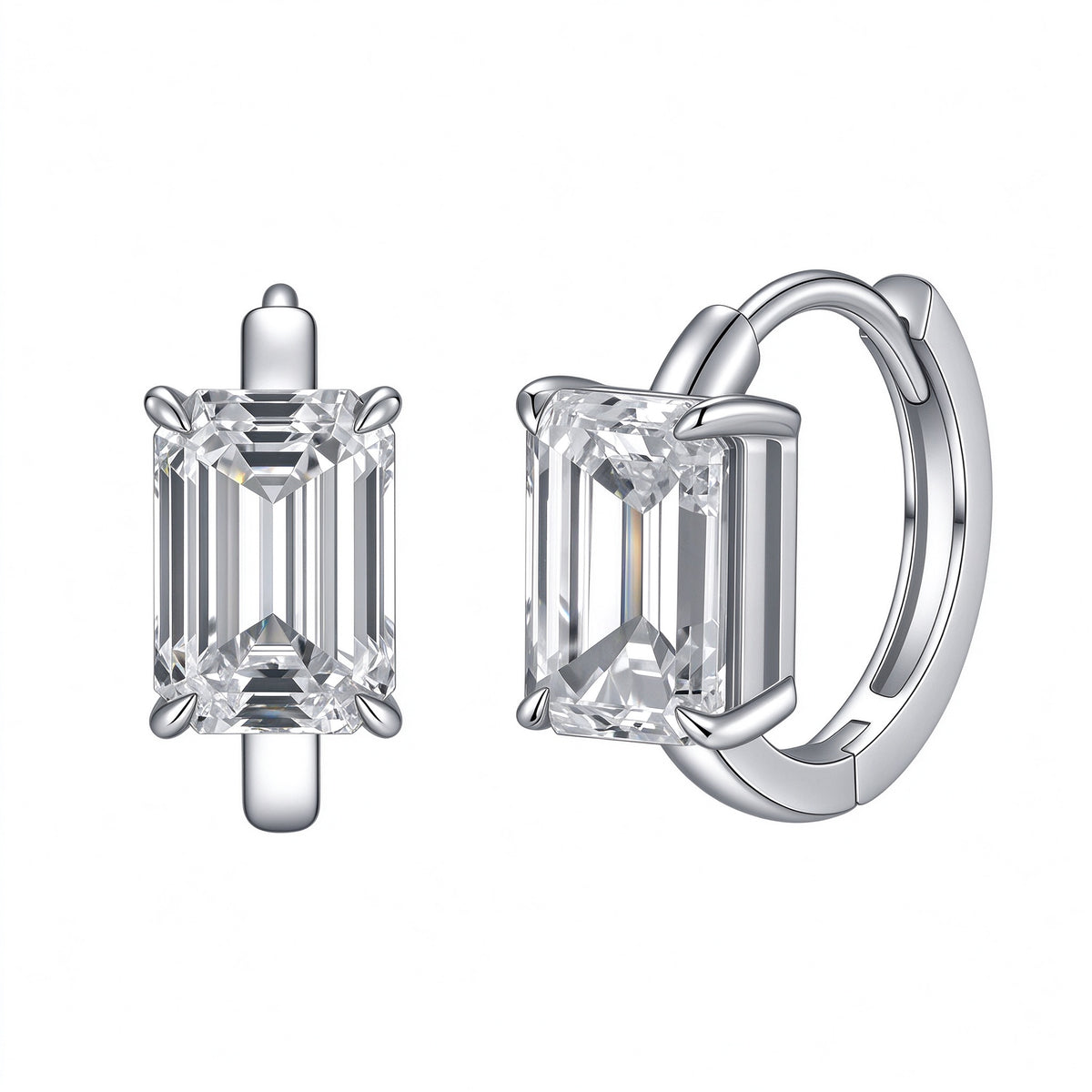 Carré emerald-cut lab-grown diamond huggie earrings in 18K white gold, front and side view