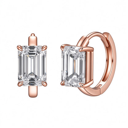 Carré emerald-cut lab-grown diamond huggie earrings in 18K rose gold, front and side view