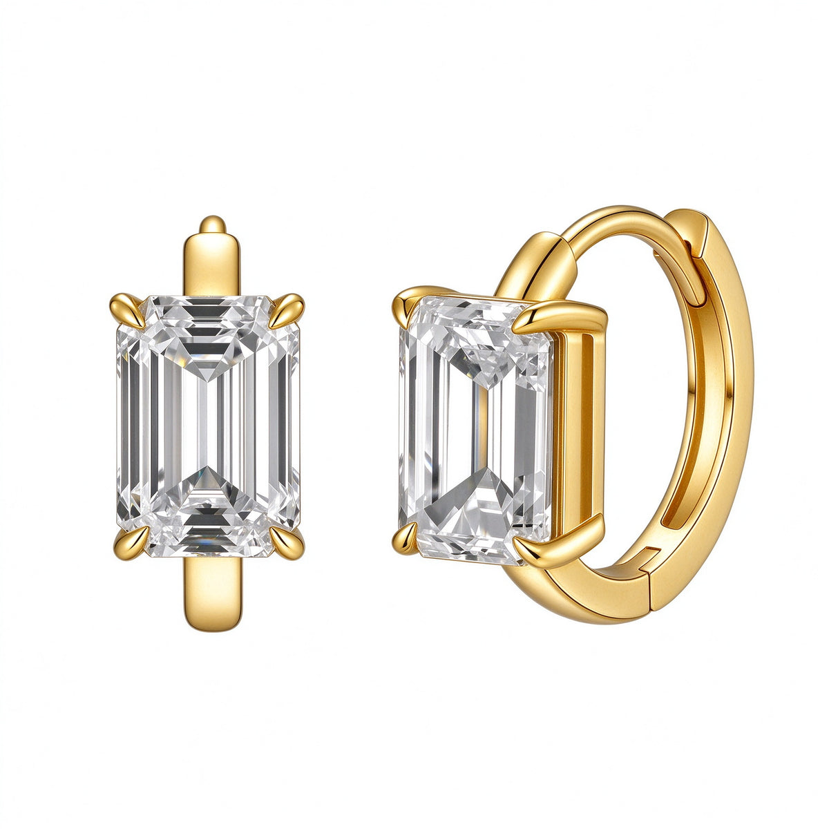Carré emerald-cut lab-grown diamond huggie earrings in 18K yellow gold, front and side view