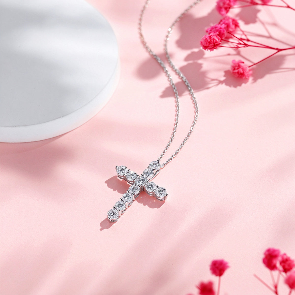 PT950 platinum diamond cross necklace on pink silk
