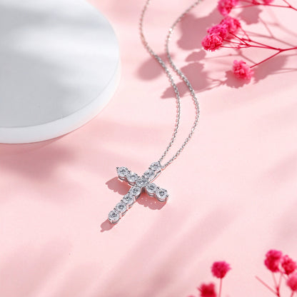 PT950 platinum diamond cross necklace on pink silk