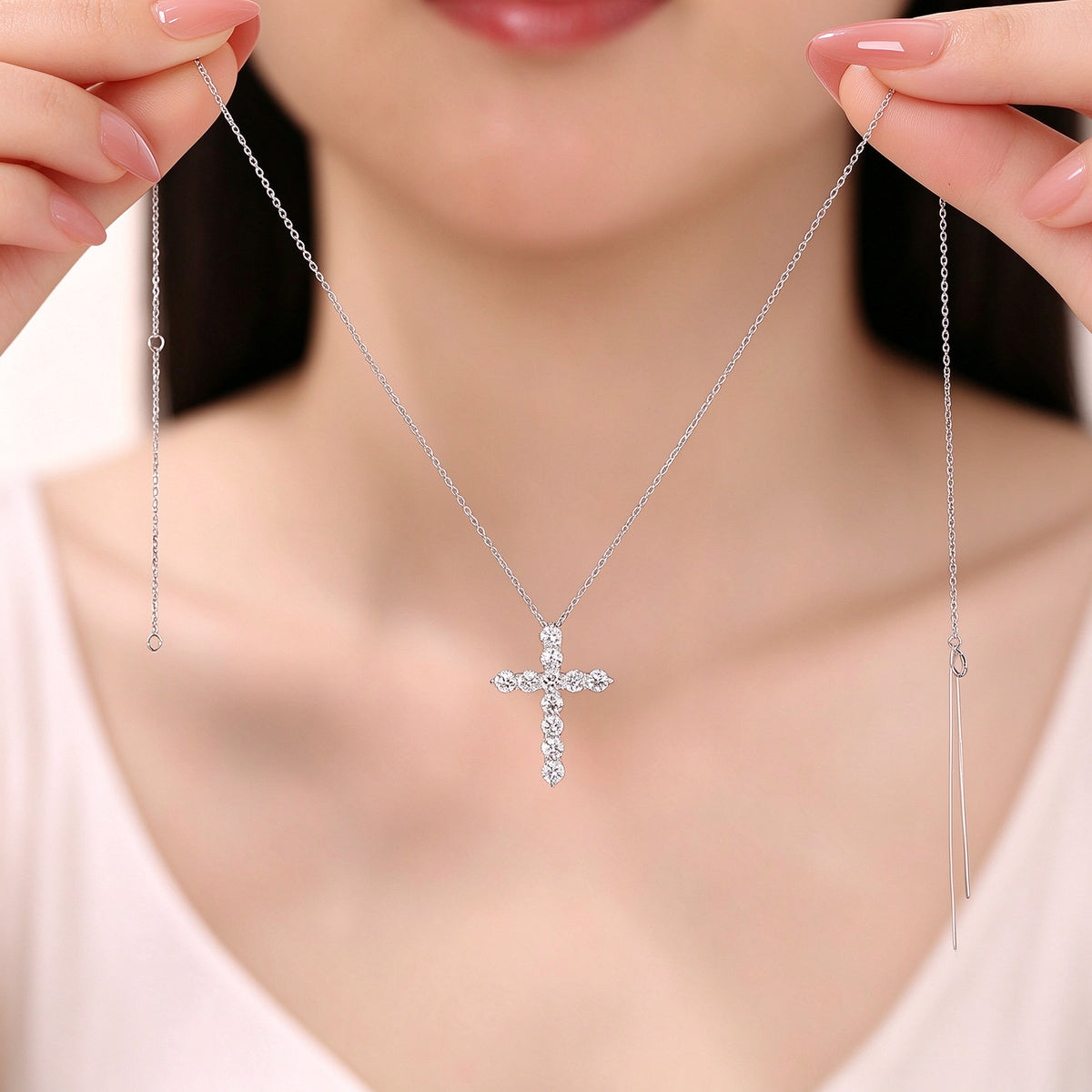 Celeste Cross necklace chain length shown on model