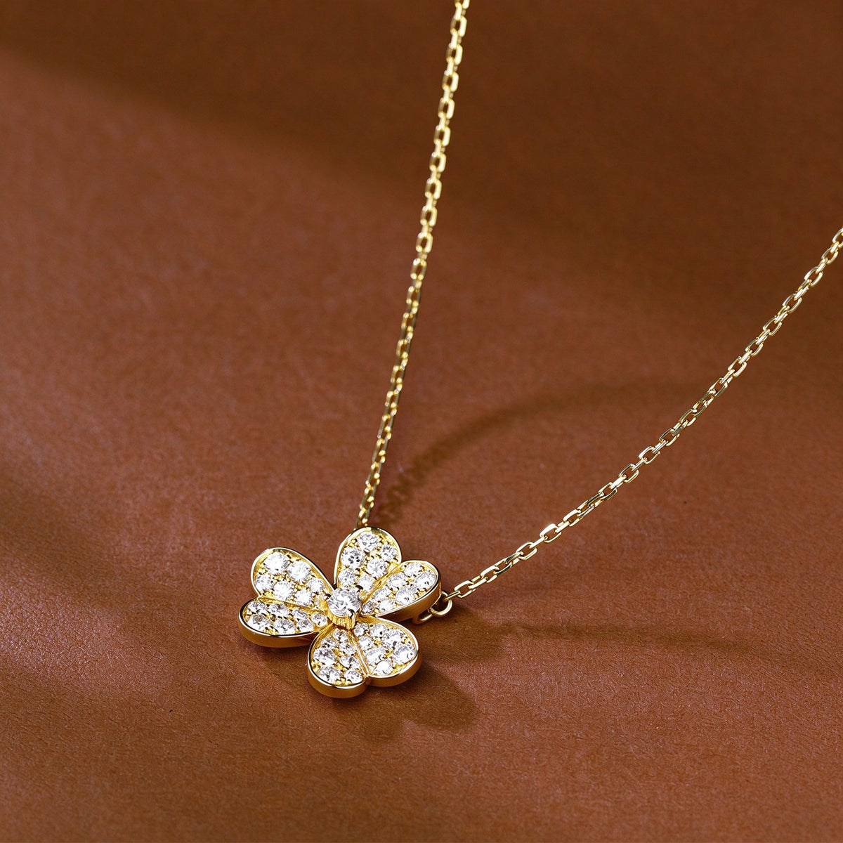 DANFÉE clover pavé lab-grown diamond necklace in 18K yellow gold on leather