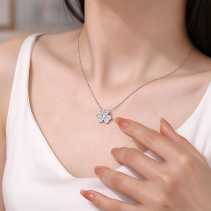 DANFÉE clover pavé lab-grown diamond necklace in 18K white gold worn at the collarbone