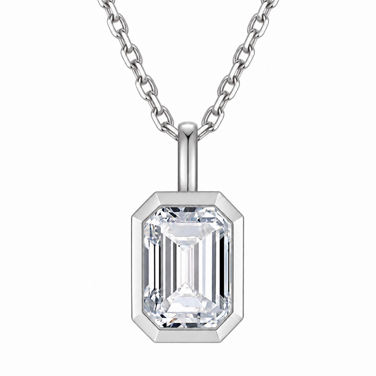 DANFÉE emerald-cut bezel diamond necklace in 18K white gold, also used for PT950 platinum option